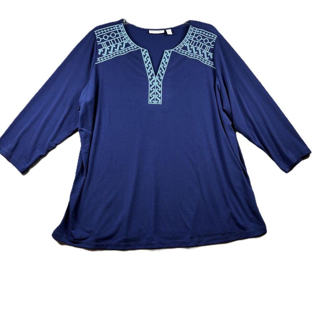 Susan Graver Women Liquid Knit Embroidered Top Blouse 3/4 Sleeve Blue 1X Q211
